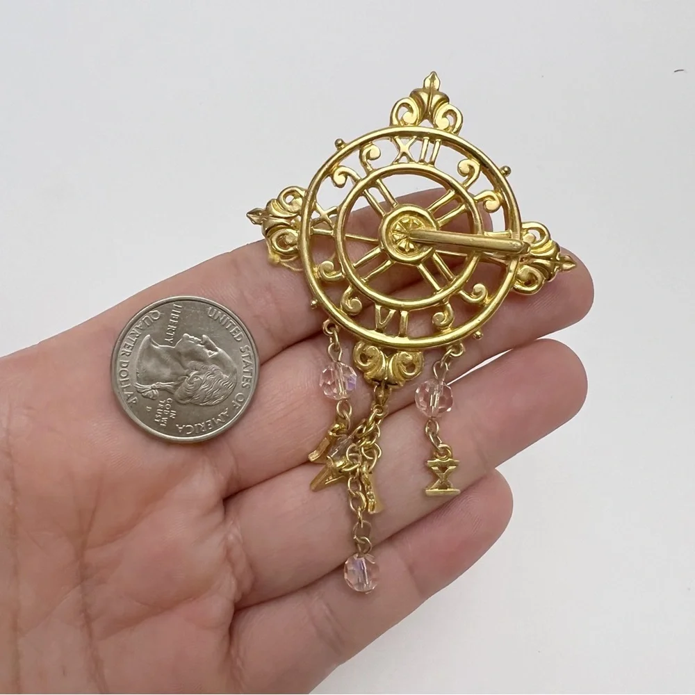 Vtg Kirks Folly Time Celebration Sundial Clock Dangle Crystal Goldtone Brooch - Picture 4 of 7